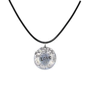 Handmade stamped love floral‎ design silver Pendant black leather cord necklace